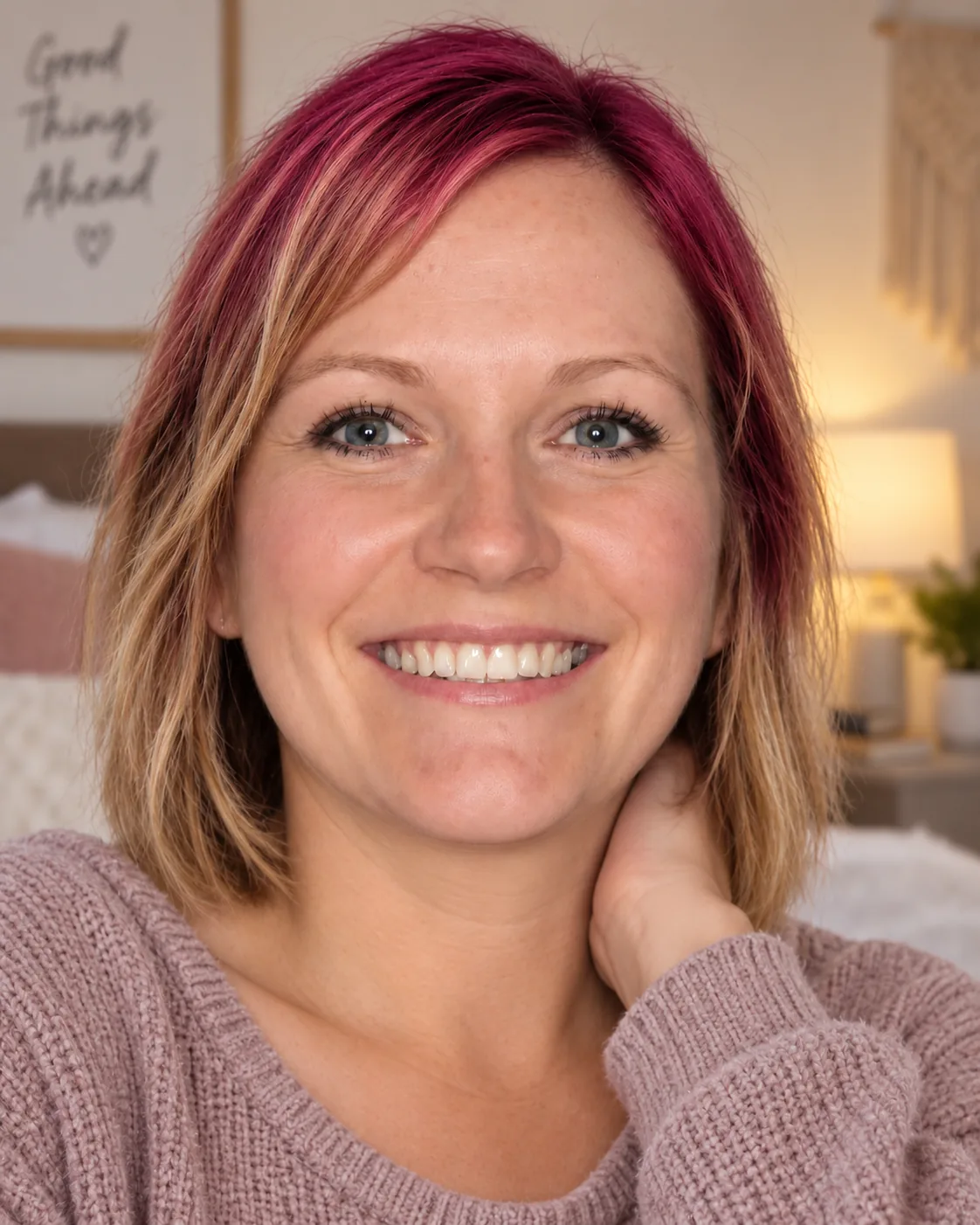 Bella Hedson with magenta ghost roots and blonde lengths