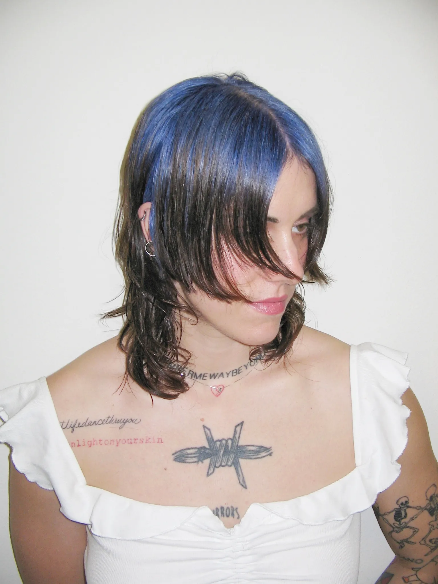 Blue-black layered shag with glossy dark roots and long face-framing pieces.