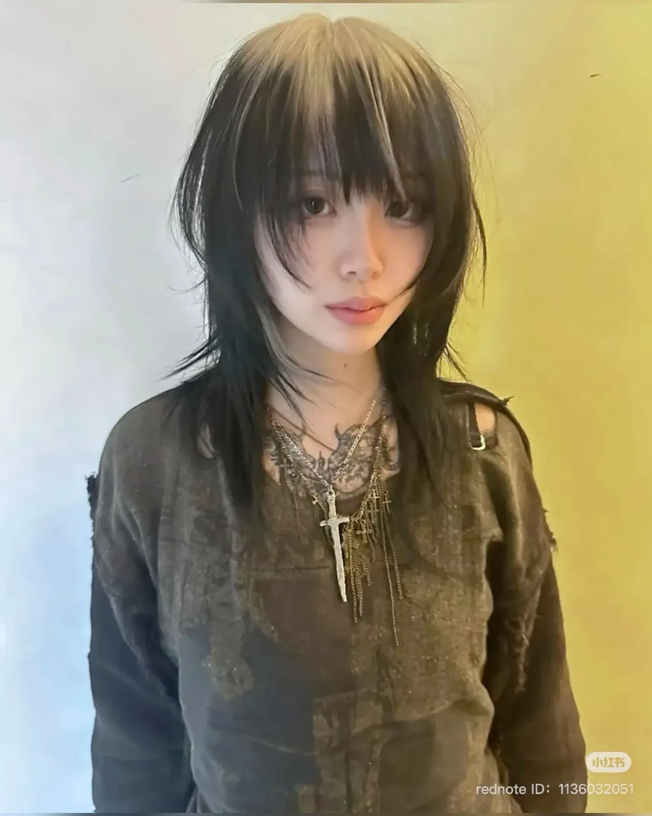 Black hair with Silver White ghost roots, Medium Layered Shag, Front Portrait.