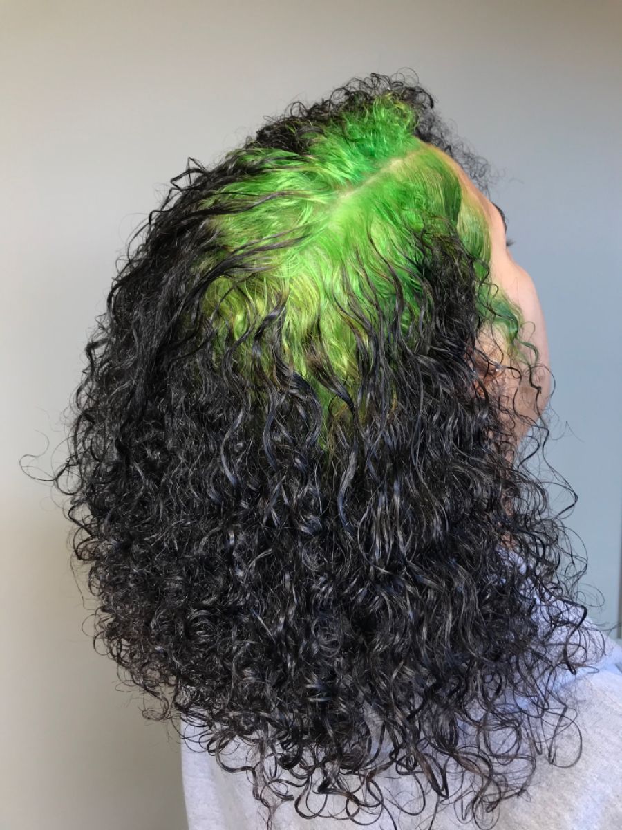 Black hair with Neon Green ghost roots, Medium Curly, Back View.