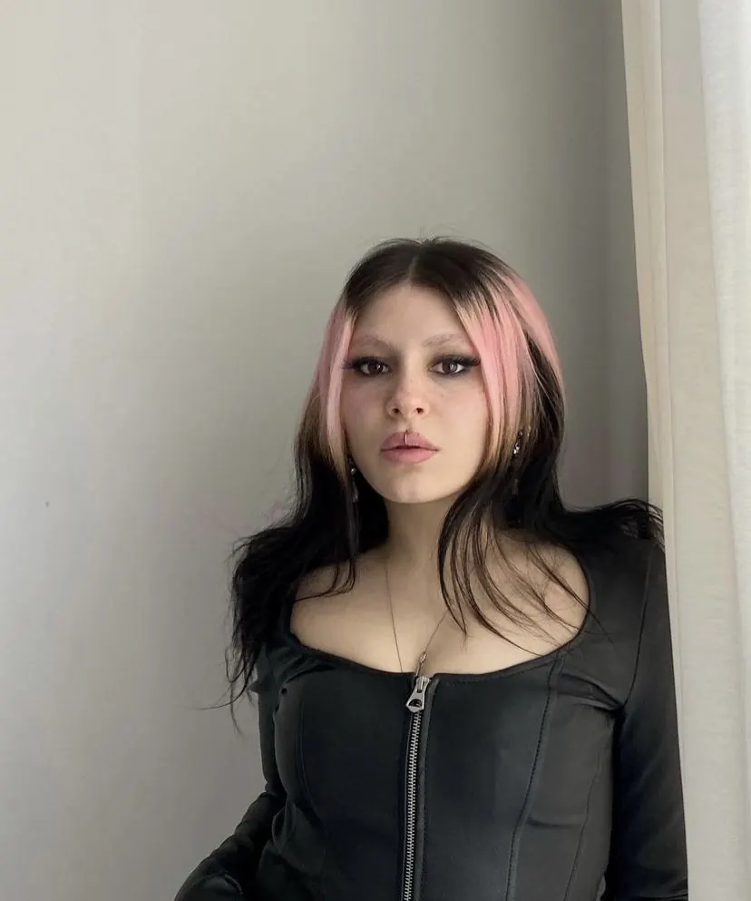 Black hair with Orange Copper ghost roots, Long Straight Wave, Front Portrait.