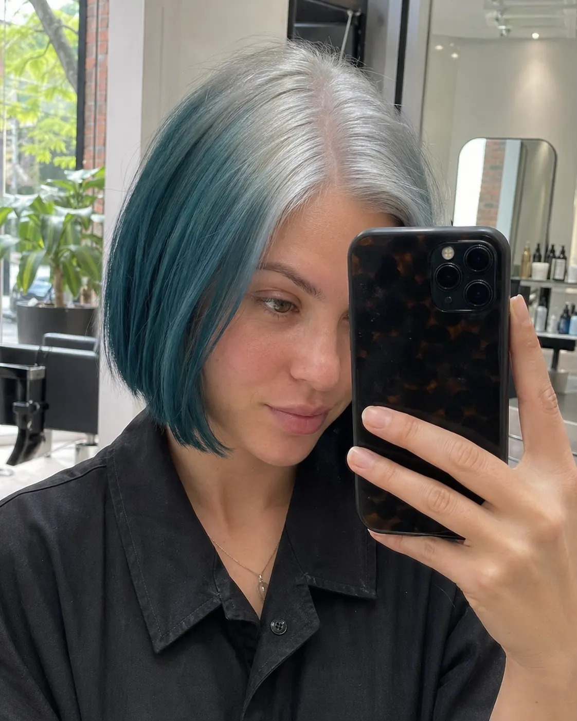 Teal Blue hair with Silver White ghost roots, Short Sleek Bob, Mirror Selfie.