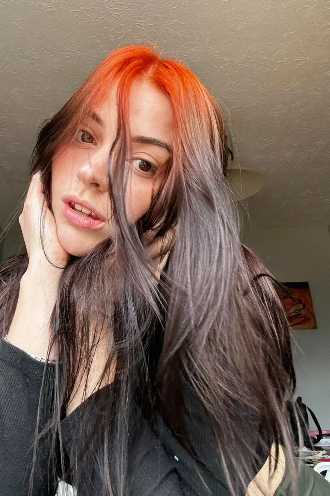 Black hair with Silver White ghost roots, Long Body Wave, Front Portrait.