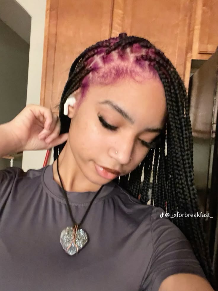 Black hair with Soft Pink ghost roots, Long Box Braids, Front Selfie.