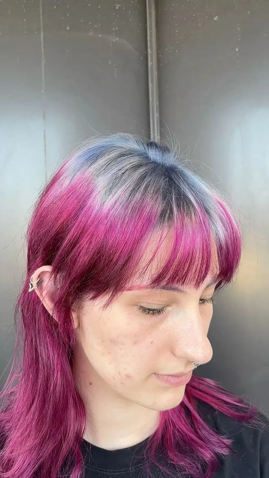 Brown hair with Pink Lilac ghost roots, Medium Straight, Side Profile.